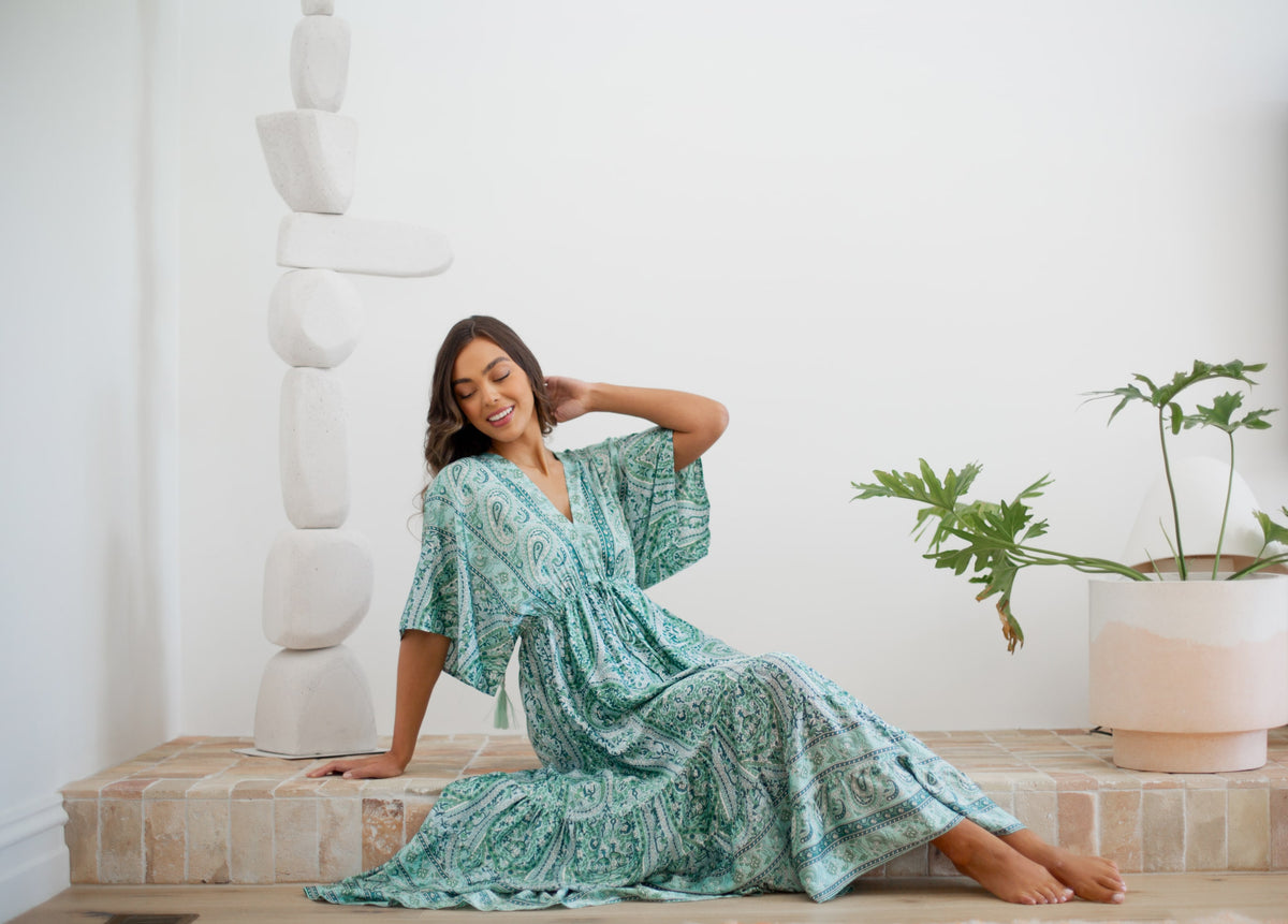 boho summer maxi dresses uk Style Beach With Sleeves Green Boho Dresses Roman With its vintage colour:Pink new arrivaks Blu Pepper Women's Printed
