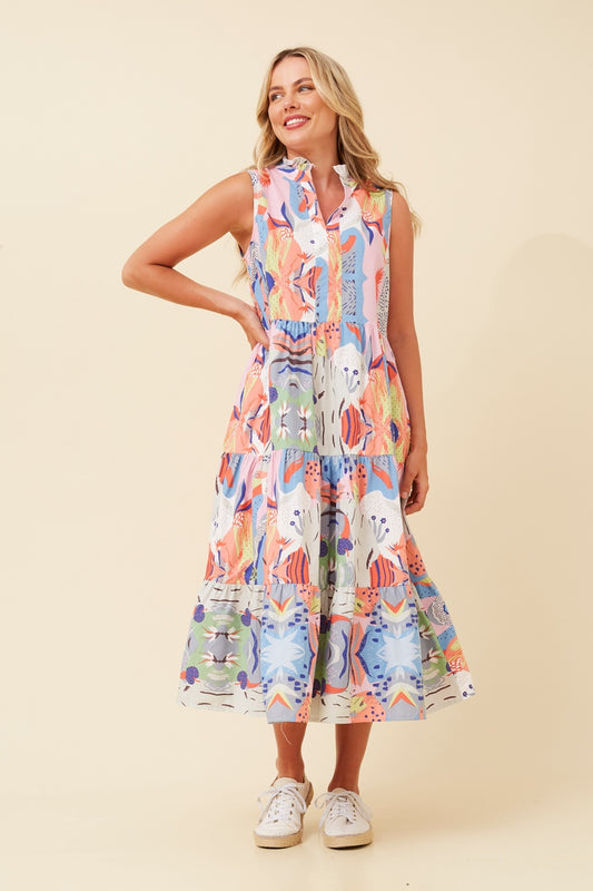 SERENITY ABSTRACT PRINT TIERED DRESS