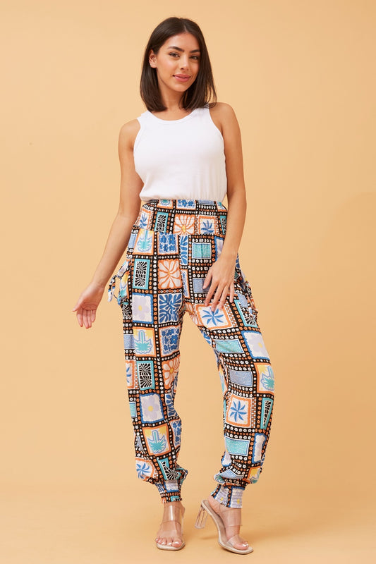 PATCHWORK PRINT HAREM PANTS