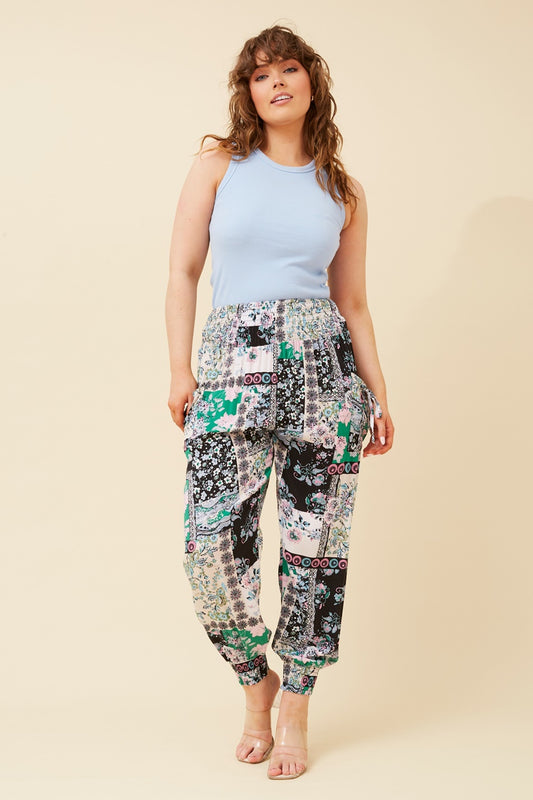 PATCHWORK PRINT HAREM PANTS