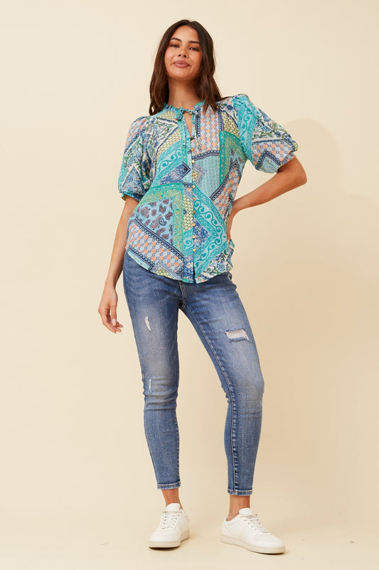 BRINLEY PATCHWORK PRINT BLOUSE