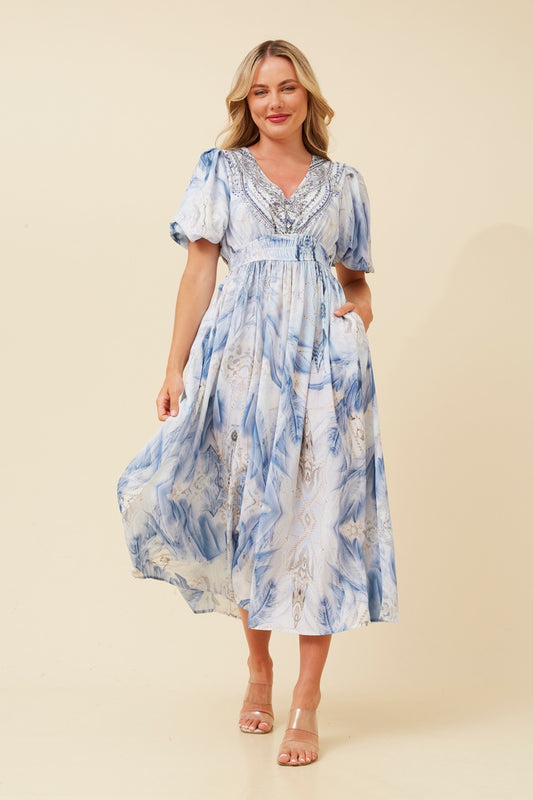 REID ARABESQUE PRINT MIDI DRESS