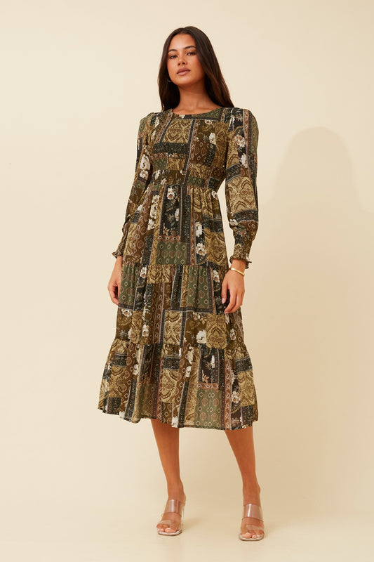 SHERRY PATCHWORK PRINT TIERED DRESS