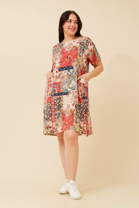 VINE PATCHWORK PRINT SHIFT DRESS