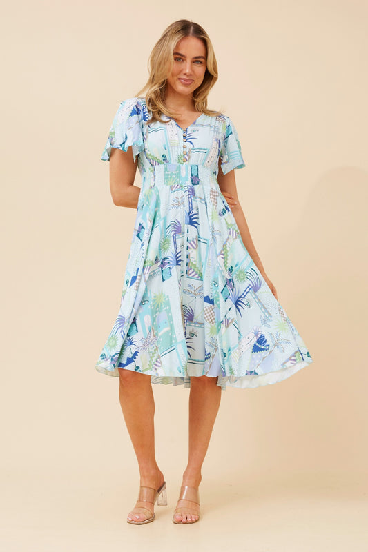 Sandy Ruffle Dress in Mint – airy, lightweight woven fabric with a soft floaty drape, unlined feel; front full-length studio view.