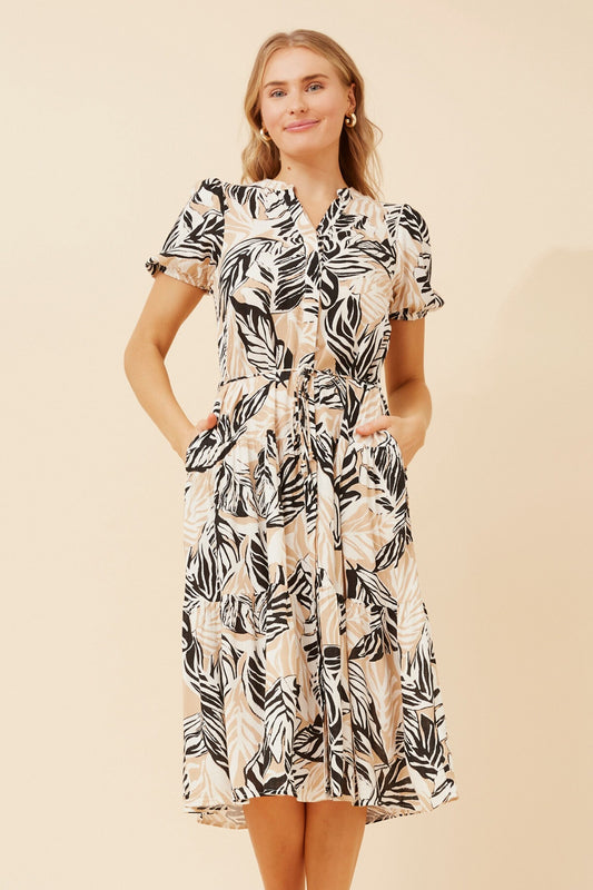 ZEPHINA LEAF PRINT MIDI DRESS