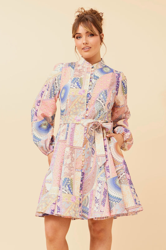 LEVINE PATCHWORK PRINT SHORT DRESS