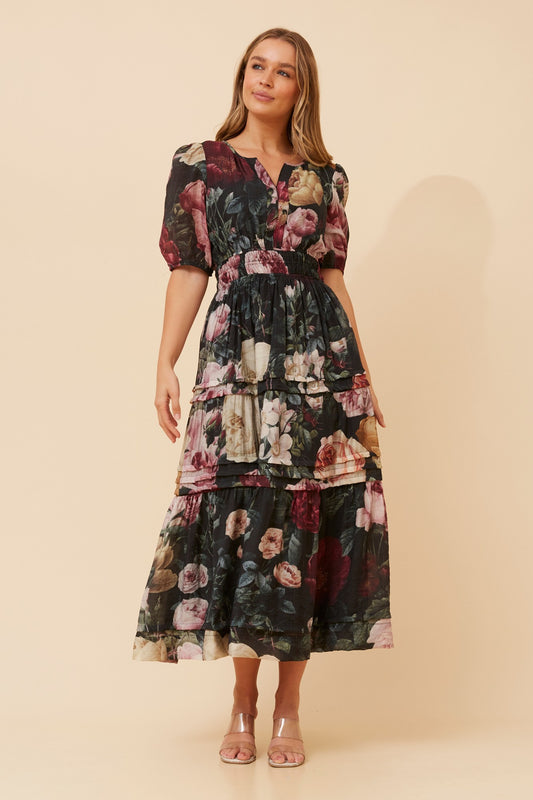 Full front view of multi black VIENNE FLORAL MAXI DRESS with open collar and drapey material for a fabulous look 