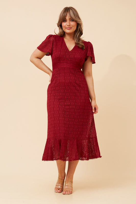 Godiva Lace Midi Dress in Rich Red — delicate lace texture with a soft, lightweight feel, flattering midi length (front view).