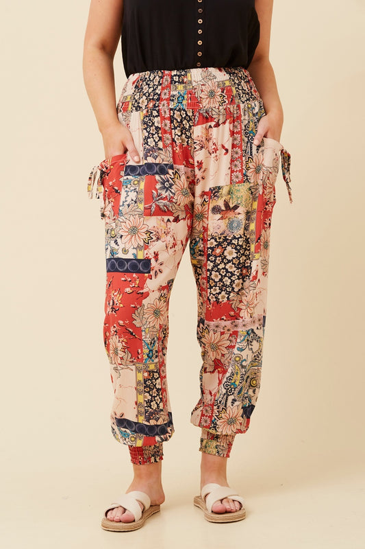 PATCHWORK PRINT HAREM PANTS