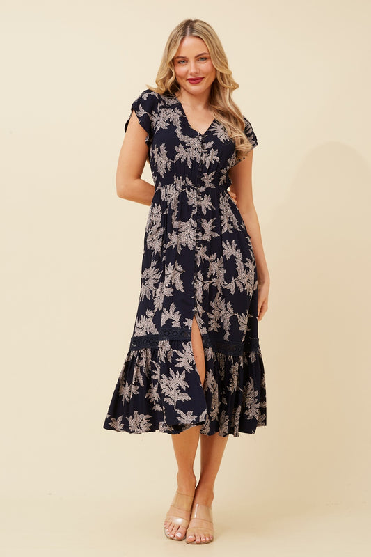 MOROCCO LEAF PRINT MIDI DRESS
