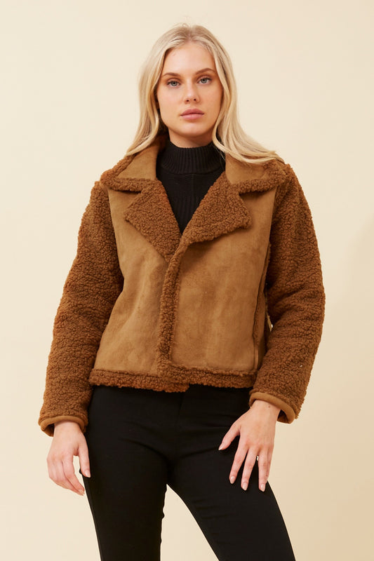 DOVEVA FAUX SUEDE SHERPA JACKET