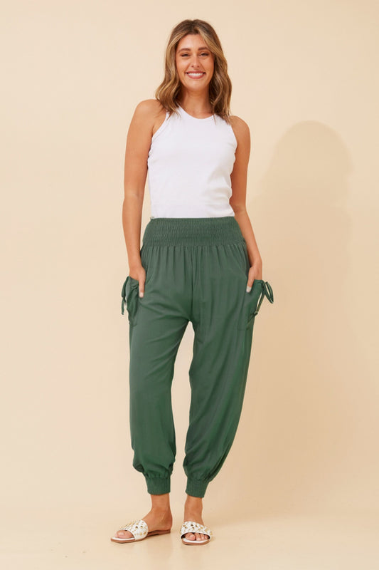 Full view of Kahki Solid Harem Pants for ankle band and pockets for a confident look 