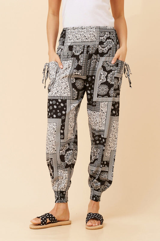 PATCHWORK PRINT HAREM PANTS