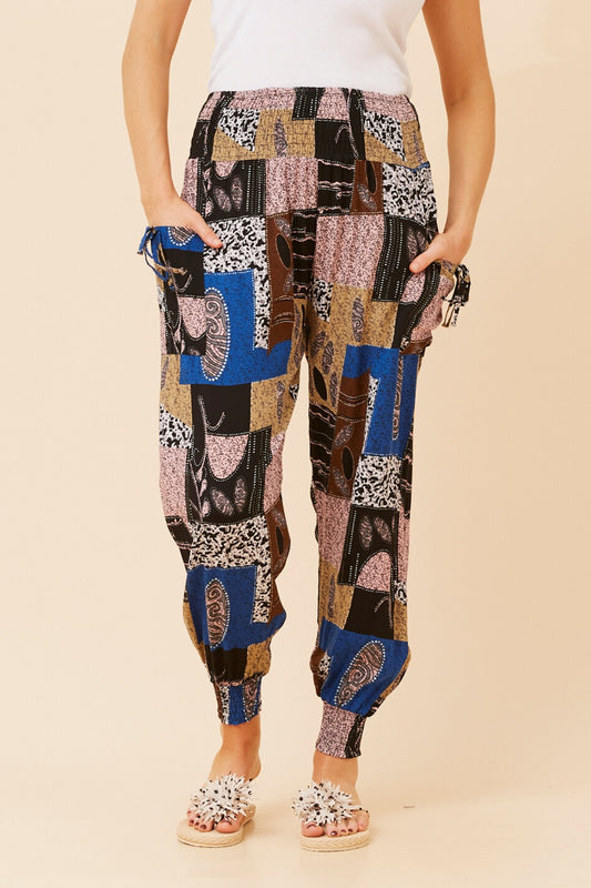 PATCHWORK PRINT HAREM PANTS