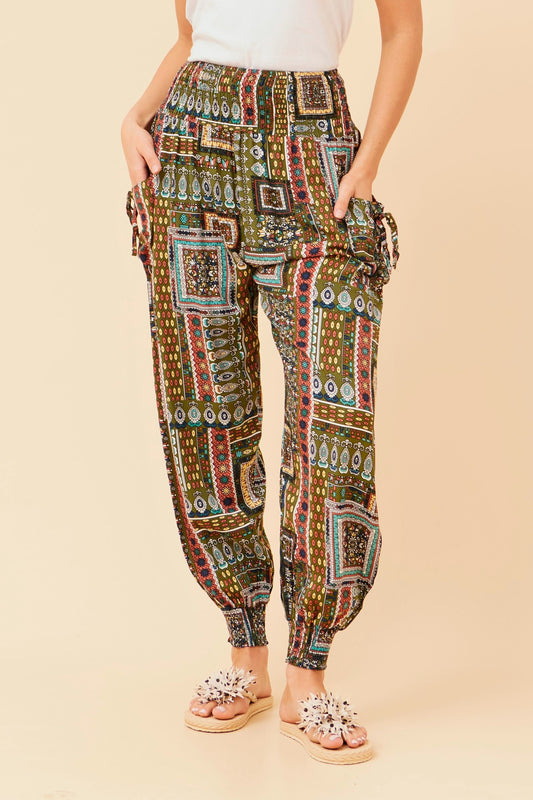 PATCHWORK PRINT HAREM PANTS