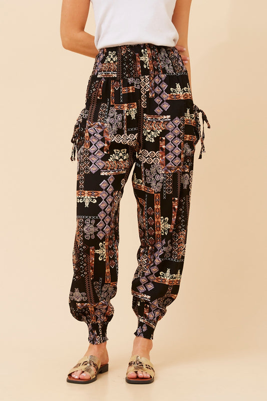 PATCHWORK PRINT HAREM PANTS
