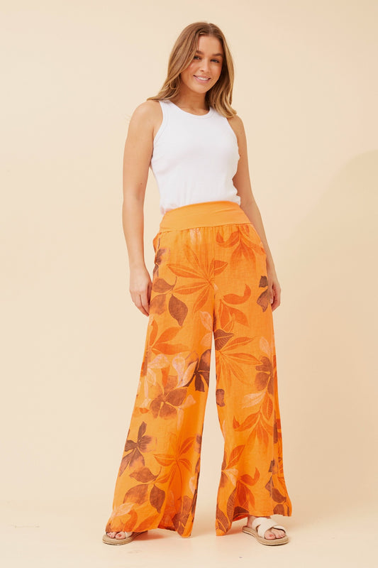 LEONORA LEAF PRINT LINEN PANTS
