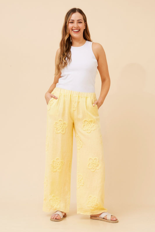 FALLAN FLORAL EMBROIDERY LINEN PANTS