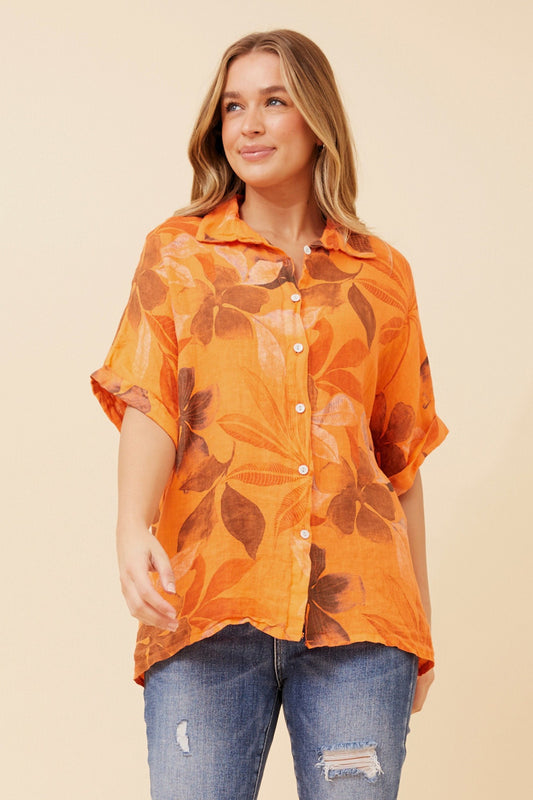 ARIAH LEAF PRINT LINEN SHIRT