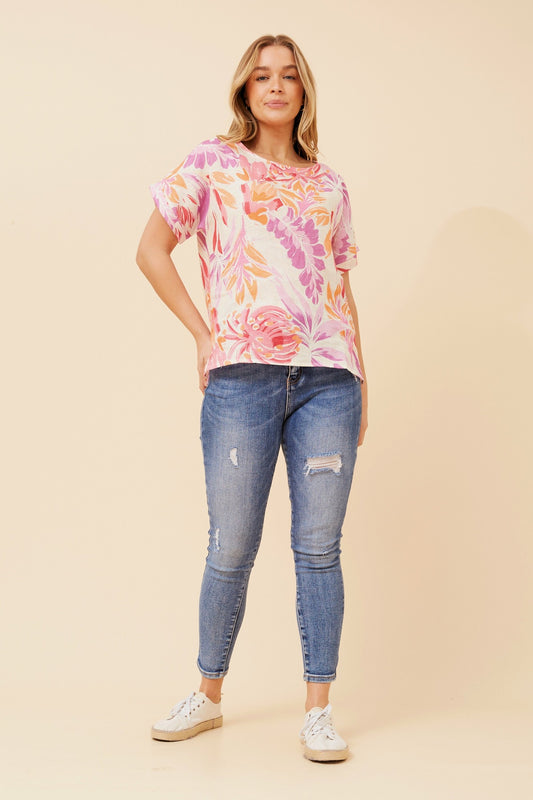 EMILIANA LEAF PRINT LINEN TOP