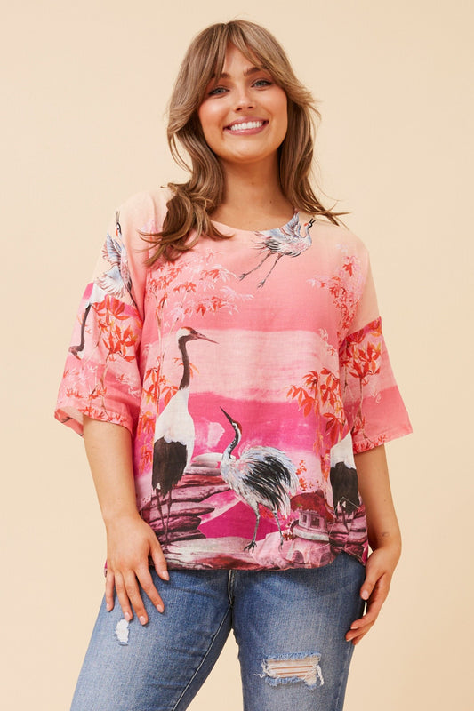 BABS BIRD PRINT LINEN TOP
